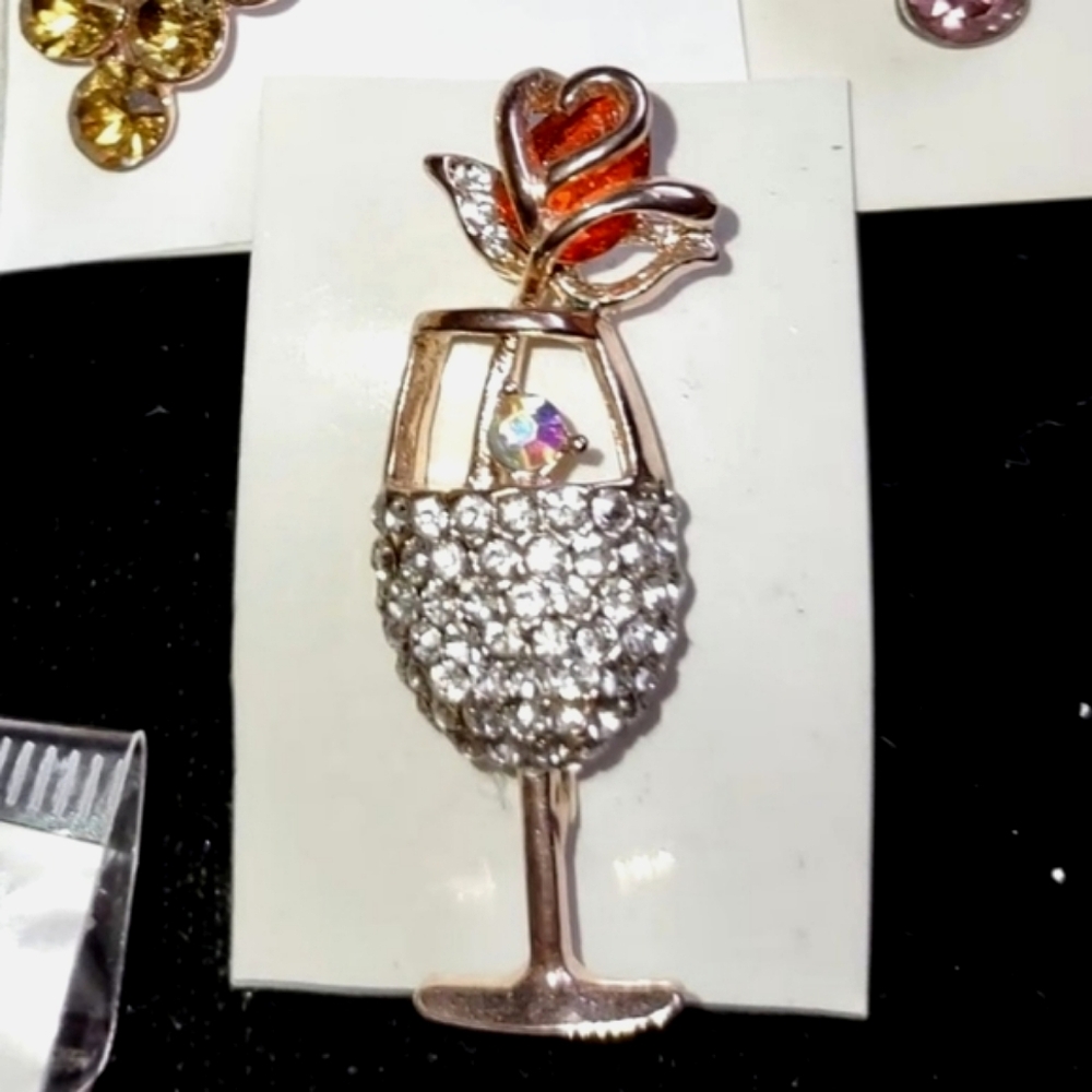Rose Gold Filled Austrian Crystal Rose Stem Wineglass Brooch